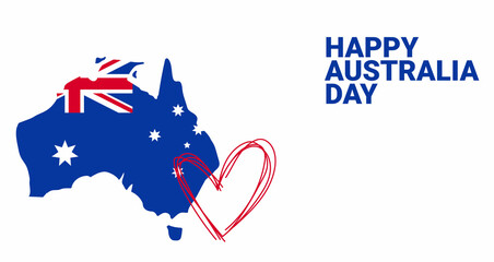 Happy Australia day banner. Map of Australia with flag and heart. Australia lettering on background of blue Map. Vector illustration