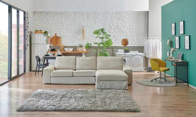 Modern sofa in the decorative room, kitchen background, brick wall concept, home design, interior room.