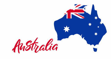 Obraz na płótnie Canvas Australia lettering. Map of Australia with flag. Vector illustration