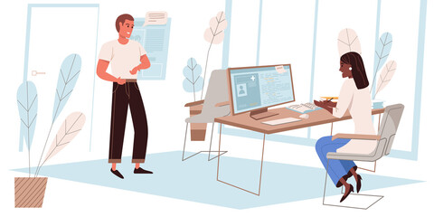 Medical clinic concept in flat design. Patient talks with doctor in office, therapist enters data of visit into computer, and prescribes treatment. Medical services people scene. Vector illustration