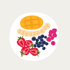 Plate with a beautiful breakfast. Fruit and berries set. Mango, raspberries, strawberries, blueberries, bananas. top view vector illustration.
