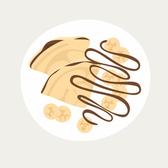 Sweet breakfast with Russian thin pancakes . top view vector illustration. Thin pancakes with chocolate syrup and bananas.
