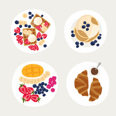 Set of plates with beautiful breakfasts. Sweet classic breakfast with berries. Pancakes, French croissants, Belgian waffles and fruit plate