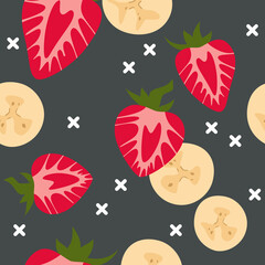 Seamless pattern with strawberries, bananas and geometric elements. Dark background. Beautiful vector seamless pattern with fresh blueberries and fruits.