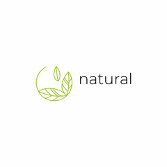 Natural logo with green leaves. Natural, eco. Natural badge for green company. Vector minimalistic line logo in circle form.