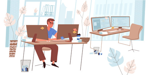 Programmers working concept in flat design. Developer creates software, coding, testing and optimization programs, working on computers in office. Employee workplace people scene. Vector illustration © DesignSells