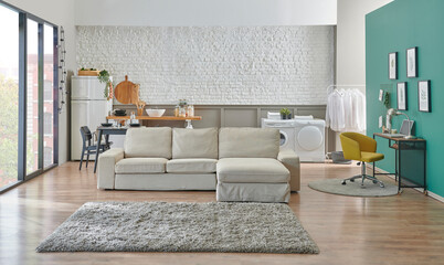 Modern sofa in the decorative room, kitchen background, brick wall concept, home design, interior room.