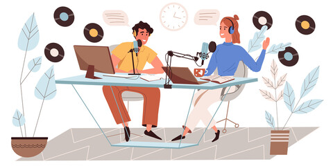 Recording audio podcast concept in flat design. Man and woman talk to microphones, work at computers, broadcasting conversation or interview in studio. Podcast hosts people scene. Vector illustration