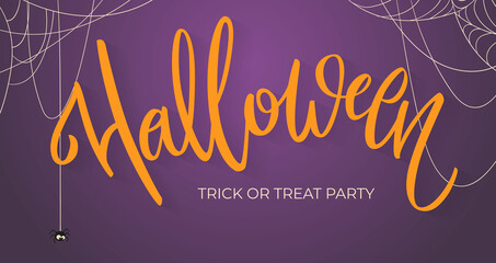 Halloween Banner with hand-written lettering. Website spooky or banner template. Calligraphy of "halloween". Template for sale banner, invitation with cobwebs and cute spider..
