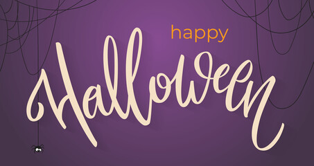 Happy Halloween Banner with hand-written lettering. Website spooky or banner template with cobwebs and cute spider. Calligraphy of "halloween". Template for sale banner, invitation.