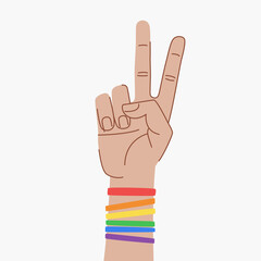 LGBT poster design. LGBT love concept. Hand gesture V sign for victory or peace. Hand with bracelets in LGBT flag colors.