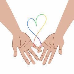 Thread in LGBT colors connects the hands of lovers. Soulmates hold on to their little fingers. Сolorful thread  in the shape of a heart.