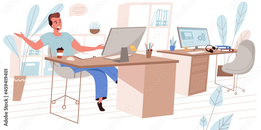 Poster call center concept in flat design. operator in headset consults clients and working on computer in 