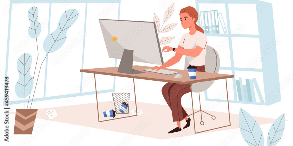 Poster deadline concept in flat design. woman looks at clock while working at computer in office. time mana