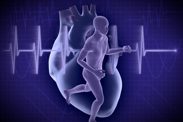 3d illustration of man running on background of Cardiogram. 3d rendering of people - human character.