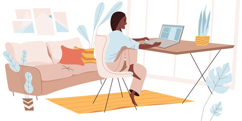 Freelance working concept in flat design. Woman working on laptop while sitting at desks in cozy home office, doing remote work, performing tasks online. Freelancers people scene. Vector illustration