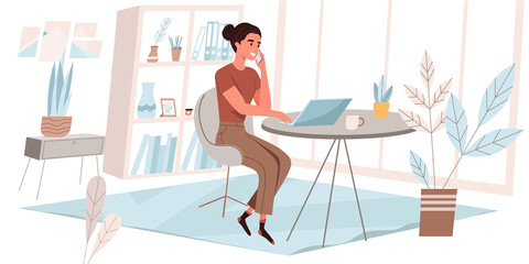 Freelance working concept in flat design. Woman working on laptop, making call, sitting at desks in cozy room, doing remote work, performing tasks online. Freelancers people scene. Vector illustration
