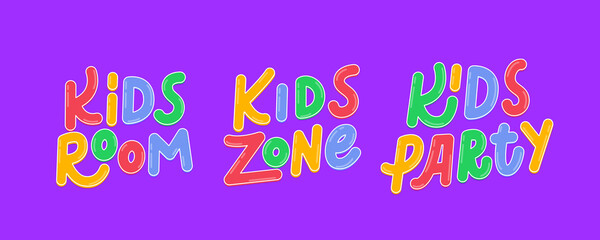 Kids Zone entertainment text set. Kids, Room, Zone and Party vector lettering in cartoon style