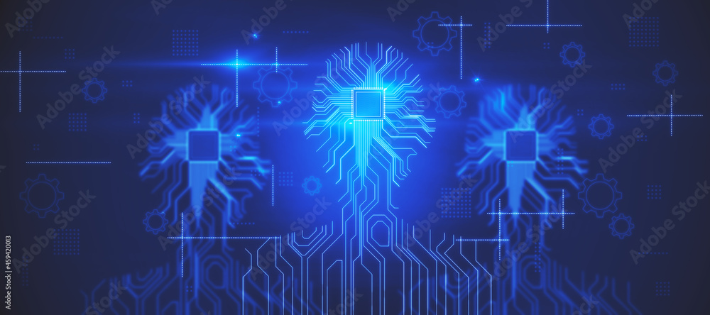 Poster Abstract glowing blue AI chip panoramic interface on dark texture. Artificial intelligence and robotic mechanism concept. 3D Rendering.