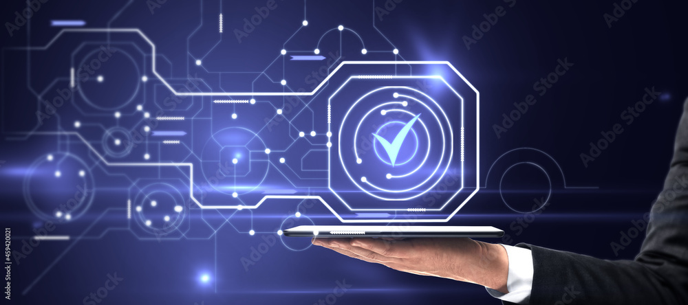 Poster close up of businessman hand holding tablet with abstract glowing digital business circuit network a
