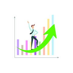 Vector Growth Chart Graphic with Cartoon Businessman on Green Increasing Arrow, Illustration of Business Success and Sales Increasing, Cartoon Character.