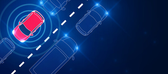 Top view of abstract red car on digital blue background with mock up place. Location,...
