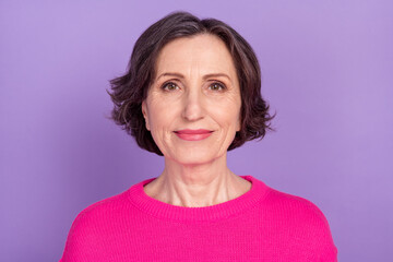 Fototapeta premium Photo of aged woman happy positive smile confident wear casual jumper isolated over violet color background