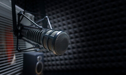 Professional microphone in radio station studio