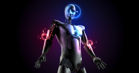 Advanced Powerful Bionic Robot Standing. AI Humanoid. Hud Fx. Robotics And Technology 3D Illustration Render.