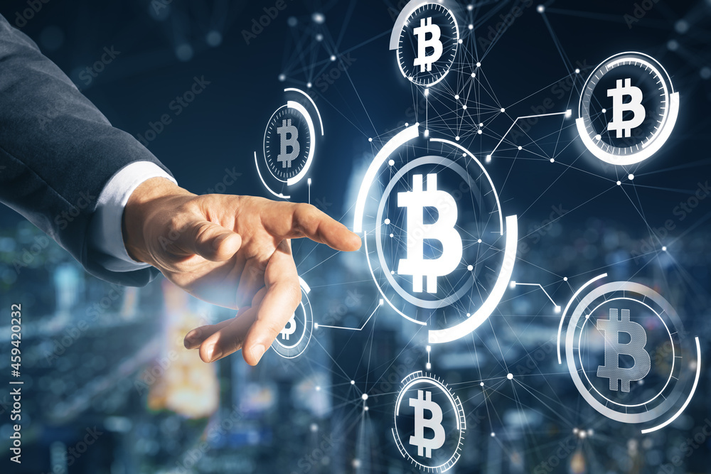 Aufkleber Close up of man hand pointing at abstract glowing bitcoin hologram interface on blurry night city background. Cryptocurrency and blockchain concept. Double exposure.