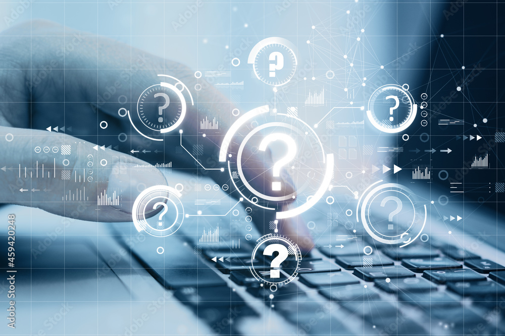 Aufkleber Close up of businessman hand typing on laptop keyboard with abstract glowing question marks interface on blurry bokeh background. Technology, faq, online help, problem solution concept.