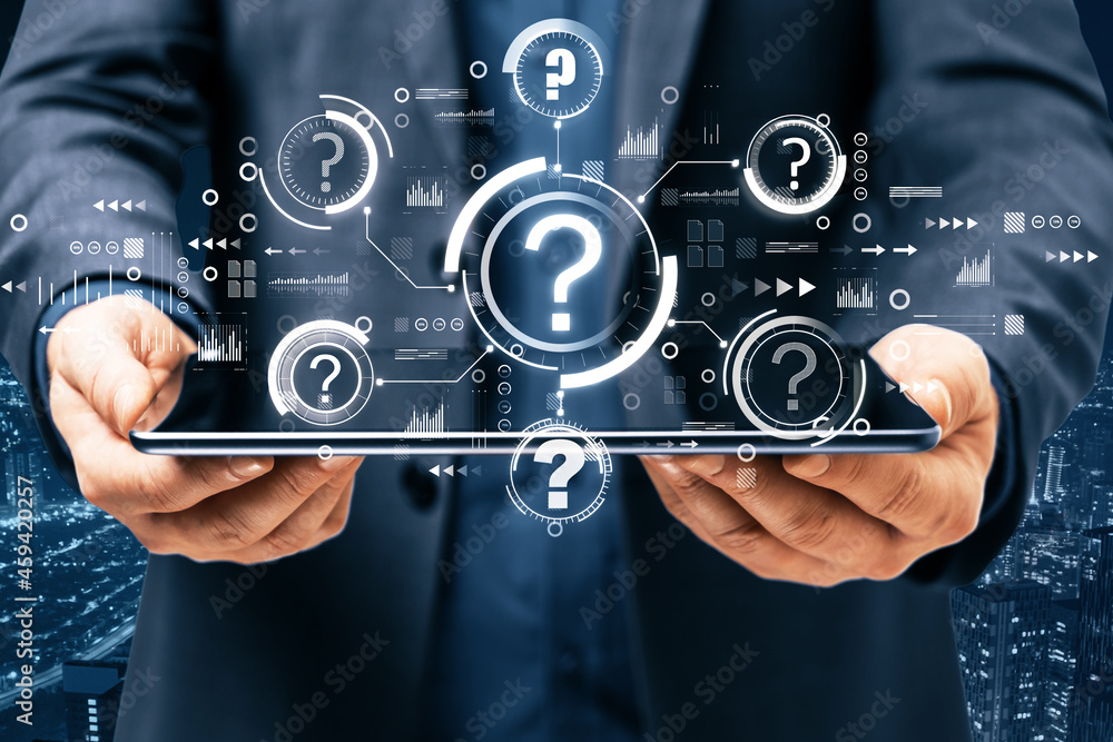 Poster close up of businessman hand holding tablet with abstract glowing question marks interface on blurry