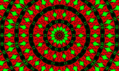 Kaleidoscope in christmas colors of red and green. Happy christmas 2022 pattern.