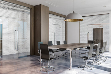 Modern brick and wooden conference room interior. Presentation and work concept. 3D Rendering.
