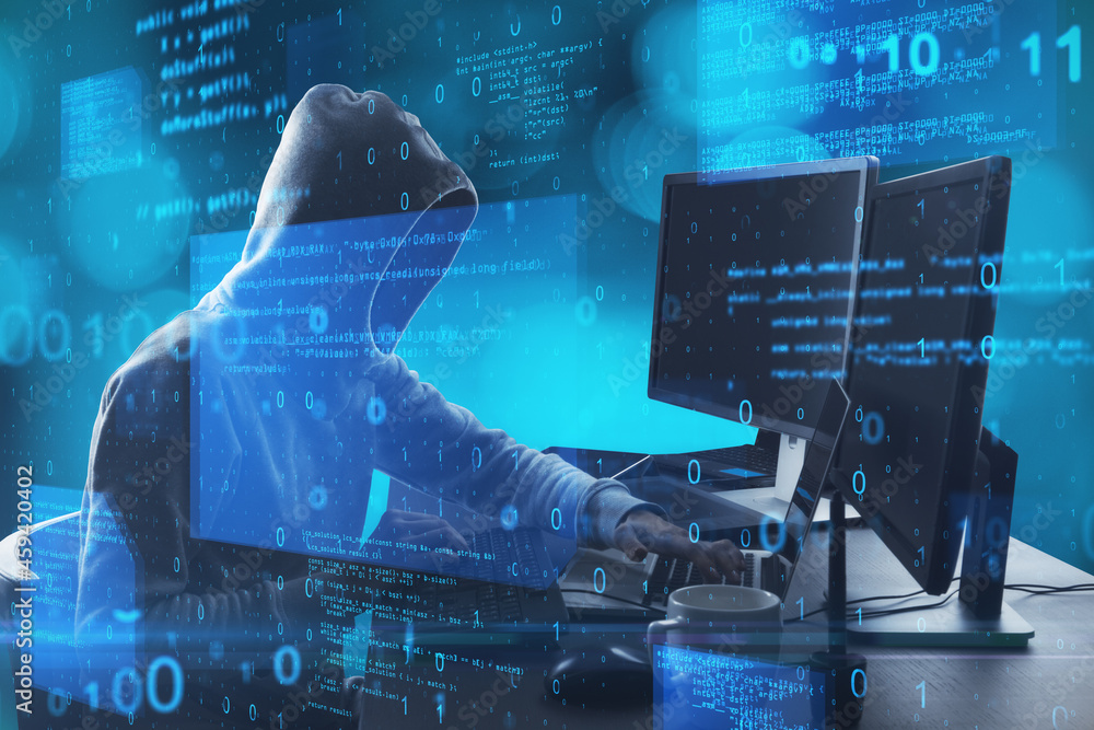 Poster Hacker at desktop using computer with abstract glowing blue coding background. Binary code, theft, technology, data and internet concept. Double exposure.