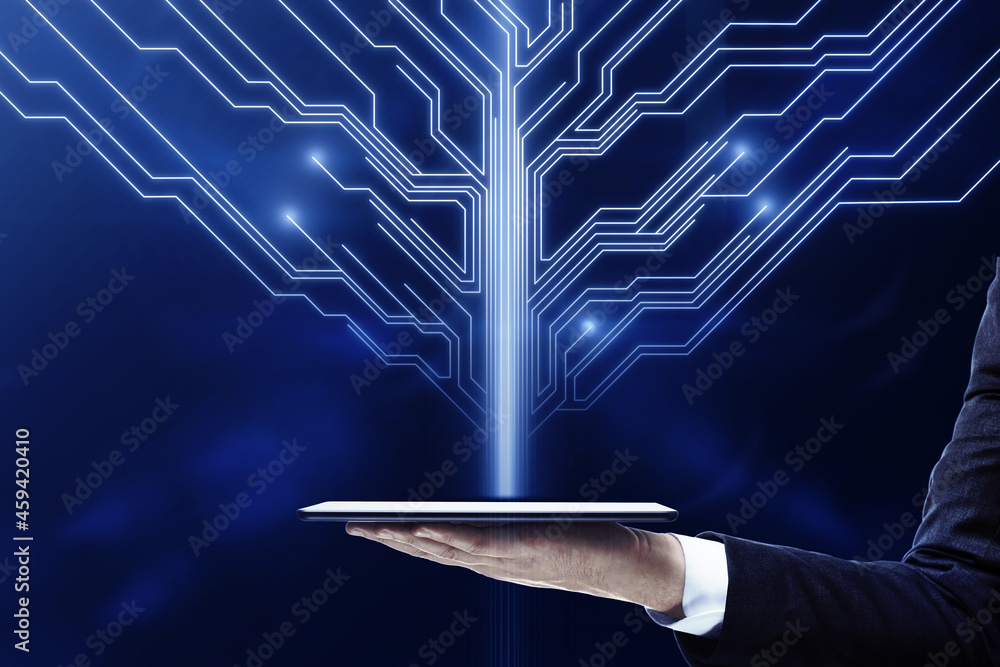 Aufkleber close up of hand holding cellphone with abstract digital circuit tree on blurry blue background. inf