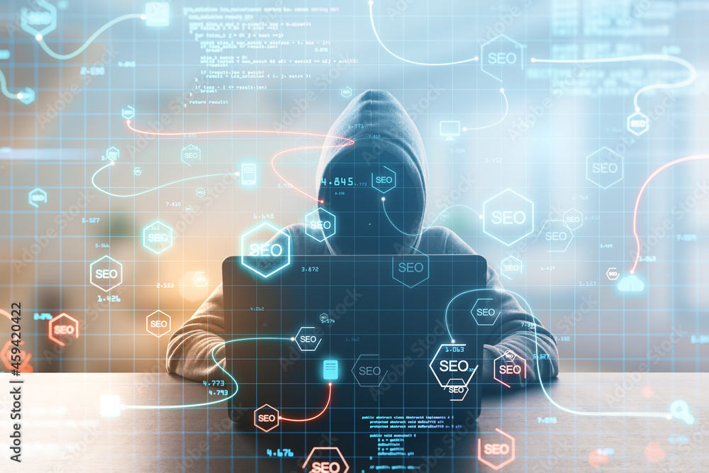 Aufkleber Hacker at desktop using abstract interface with glowing SEO hologram and icons on blurry background. Search engine optimization, hacking and coding concept. Double exposure.