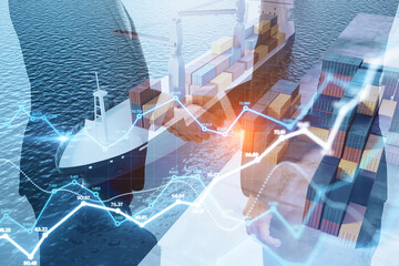 Businessmen shaking hands on abstract double exposure background with forex graph, cargo and cargo ship dock. Business, teamwork, shipping, trade and logistics concept.