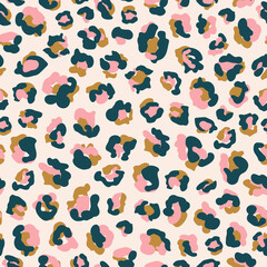 Cheetah, leopard seamless repeat pattern. Random placed, vector animal minimal all over print on beige background.