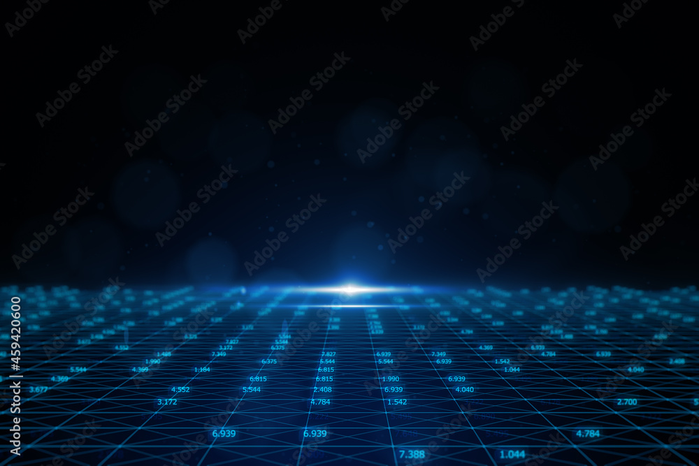 Poster Abstract glowing blue cyber big data background with dark mock up place. Technology and innovation concept. 3D Rendering.