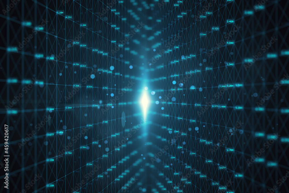 Poster Abstract glowing blue cyber big data background. Technology and innovation concept. 3D Rendering.
