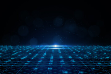 Abstract glowing blue cyber big data background with dark mock up place. Technology and innovation...