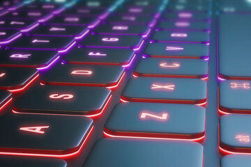 Close up of illuminated neon keyboard. Technology and communication concept. 3D Rendering.