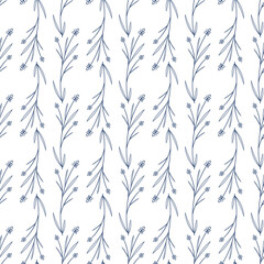Botanical vector illustration of painted small floral template and outline drawing elements. Rustic vintage blue leaves and hand sketched flowers seamless pattern on white background.