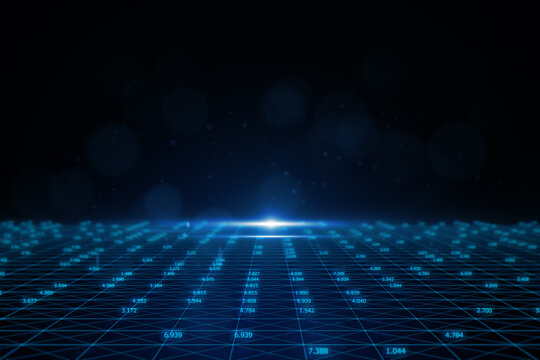 Abstract glowing blue cyber big data background with dark mock up place. Technology and innovation concept. 3D Rendering.