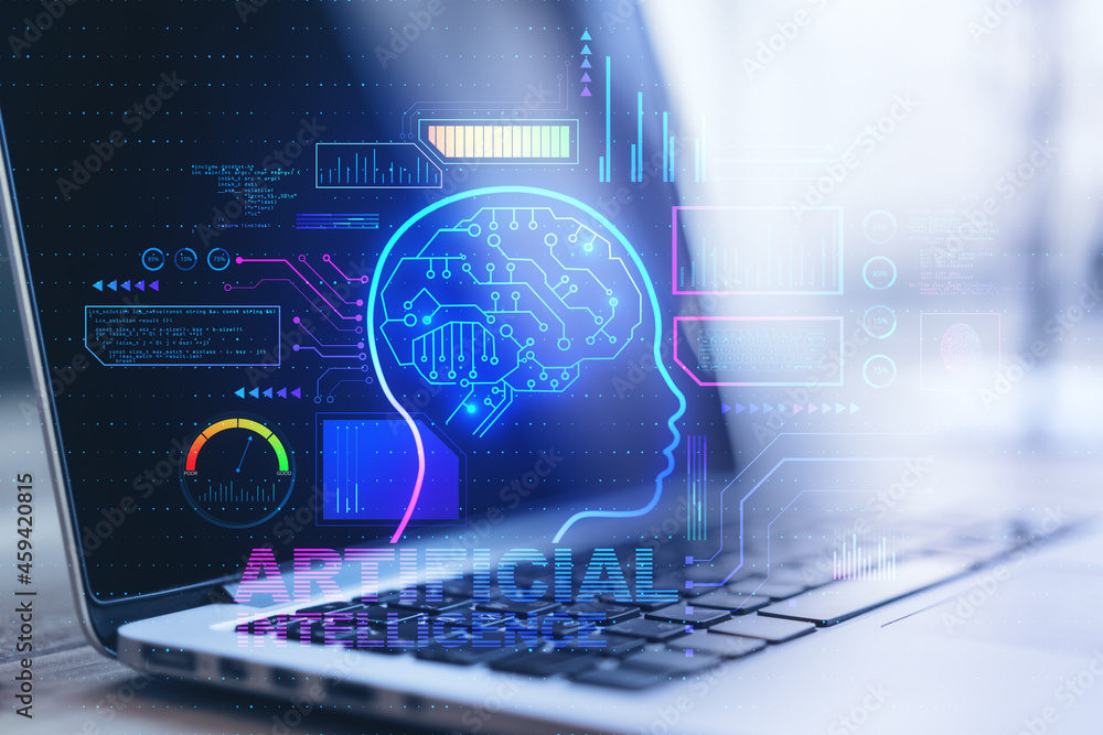 Aufkleber Close up of laptop with abstract glowing AI head interface on blurry background. Artificial intelligence and cyberspace concept. Double exposure.