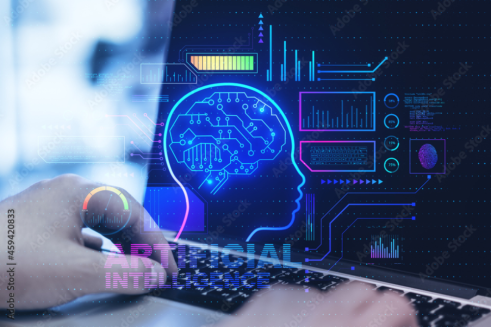 Poster Close up of hands using laptop with abstract glowing AI head interface on blurry background. Artificial intelligence and cyberspace concept. Double exposure.
