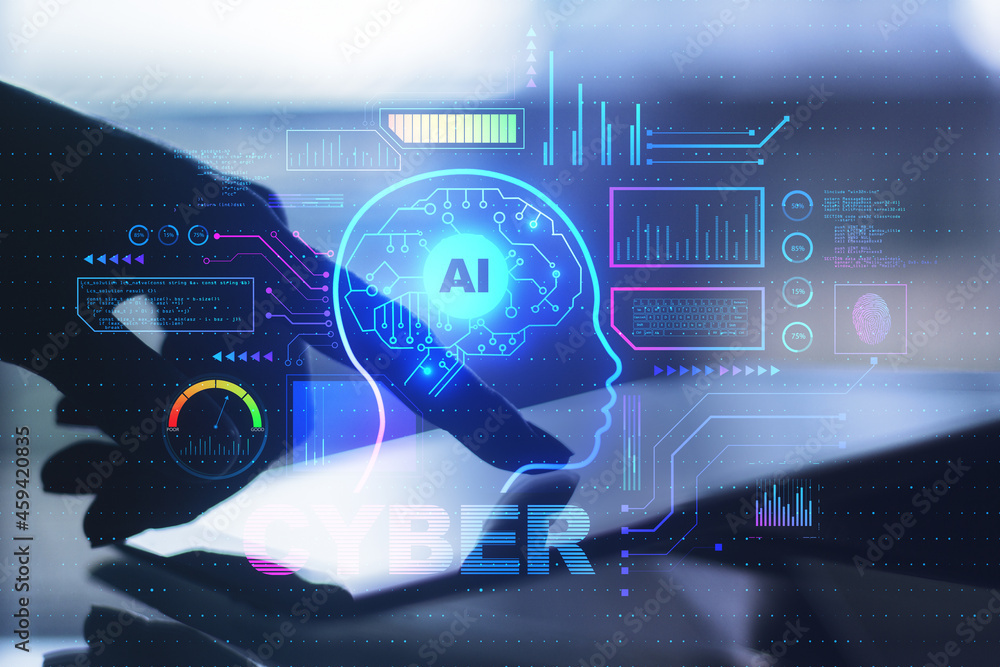 Poster Close up of backlit hand using tablet with abstract glowing AI head interface on blurry background. Artificial intelligence and cyberspace concept. Double exposure.