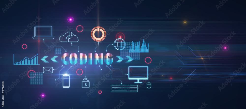 Poster Creative glowing wide coding hologram on blue background. Technology and innovation concept. 3D Rendering.