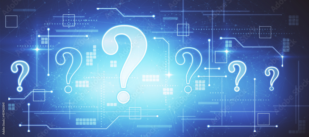 Poster Abstract glowing question marks interface on blue background. FAQ, confusion, ask and answer concept. 3D Rendering.